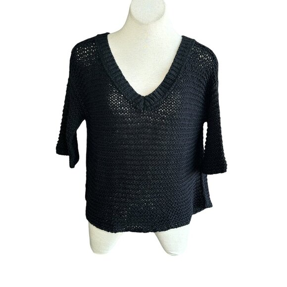 Free People Black Open Weave Boxy V Neck Sweater XS - Picture 1 of 7
